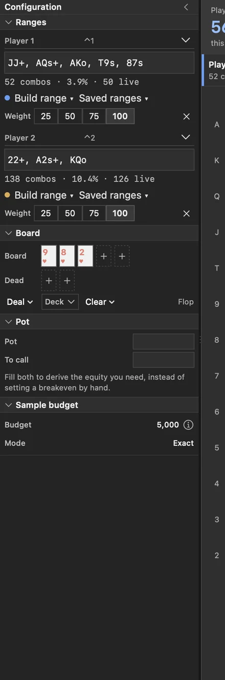 The configuration rail in Axis showing Player 1 and Player 2, each with a range string, a combination count and a weight brush, above the board, pot and sample-budget sections.