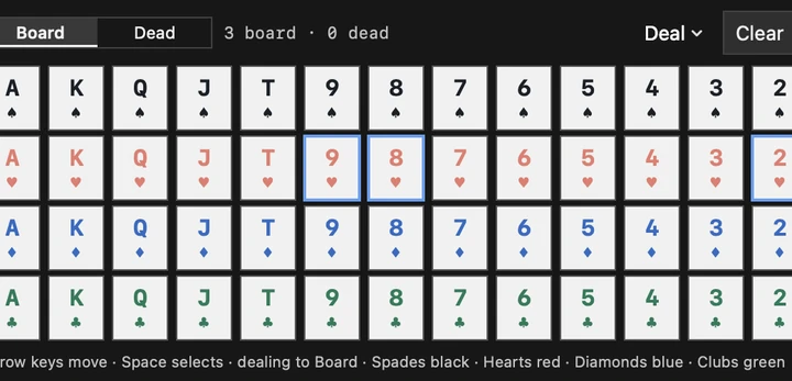The board picker in Axis: a four-colour deck with Board and Dead tabs, a Deal menu and a Clear button.