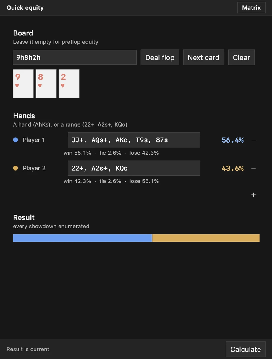 The Axis quick equity window: a board of 9h 8h 2h and two player ranges, each with its equity and win, tie and lose split.